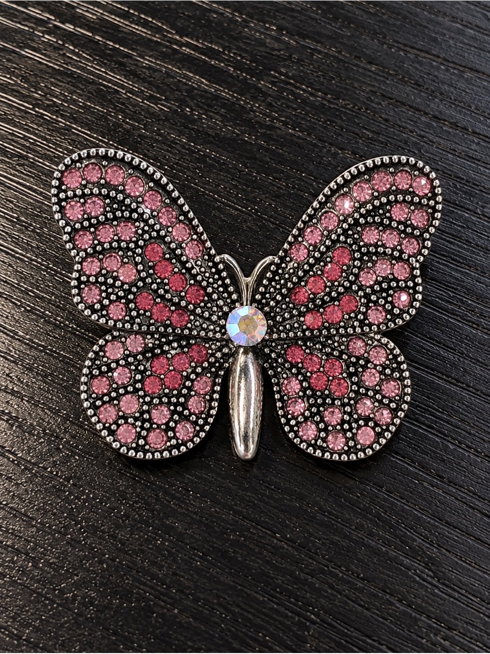 Pink Rhinestone Butterfly Brooch Sparkly Crystal Insect Pin Silver Tone